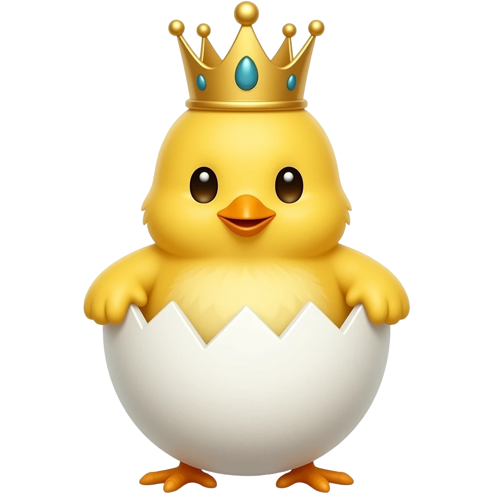 Hatched chick emoji coming out of a cartoon, white egg on the bottom. Is wearing a queen's crown emoji