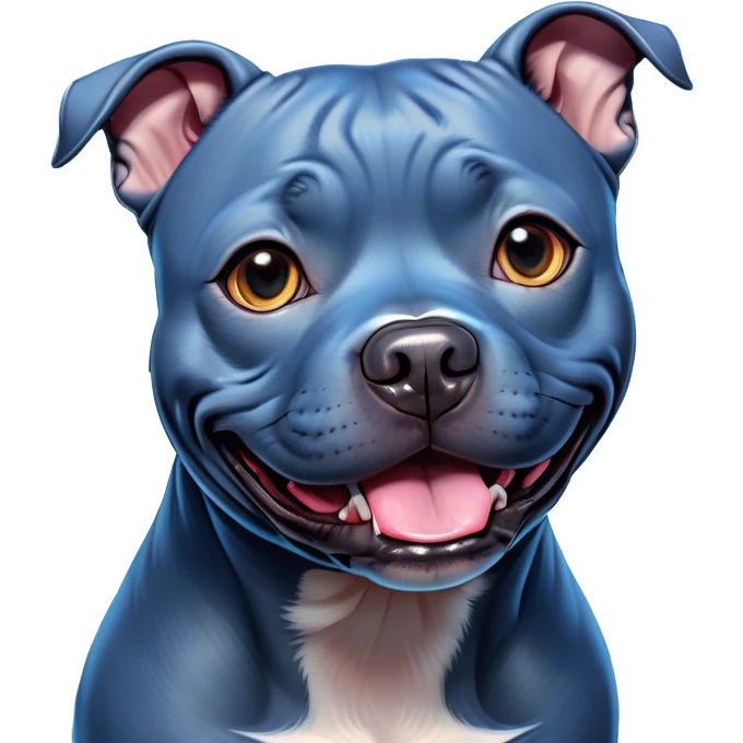 Cinematic Comical Blue Staffordshire Bull Terrier Portrait Emoji, Head tilted dramatically with an exaggeratedly amused expression, featuring a striking blue Fur with a subtle shimmer, wide, expressive dark eyes filled with playful disbelief, Simplified yet hilariously expressive features, highly detailed, glowing with a slightly sassy glow, high shine, dramatic yet playful, stylized with an air of cheeky mischief, bright and endearing, soft glowing outline, capturing the essence of a spirited and over-the-top guardian, so meme-worthy it feels like it could side-eye its way into internet fame instantly! emoji