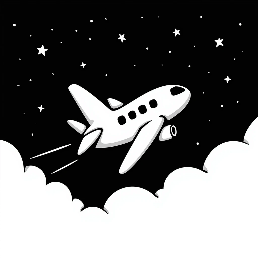 a plane flying above clouds and below stars emoji