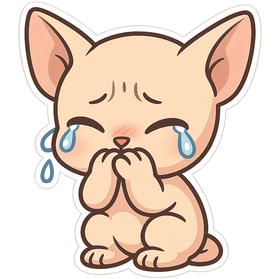 A bald kitten with no hair on its head. The kitten is crying with its paws covering its mouth. emoji