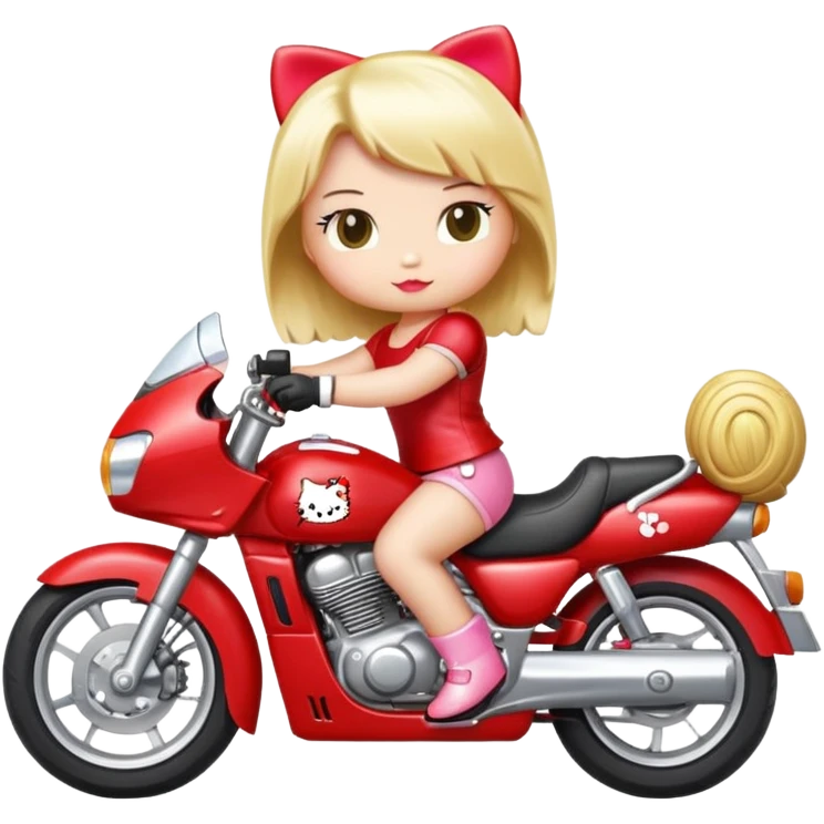 Hello kitty with blonde hair on a red sport motorcycle emoji