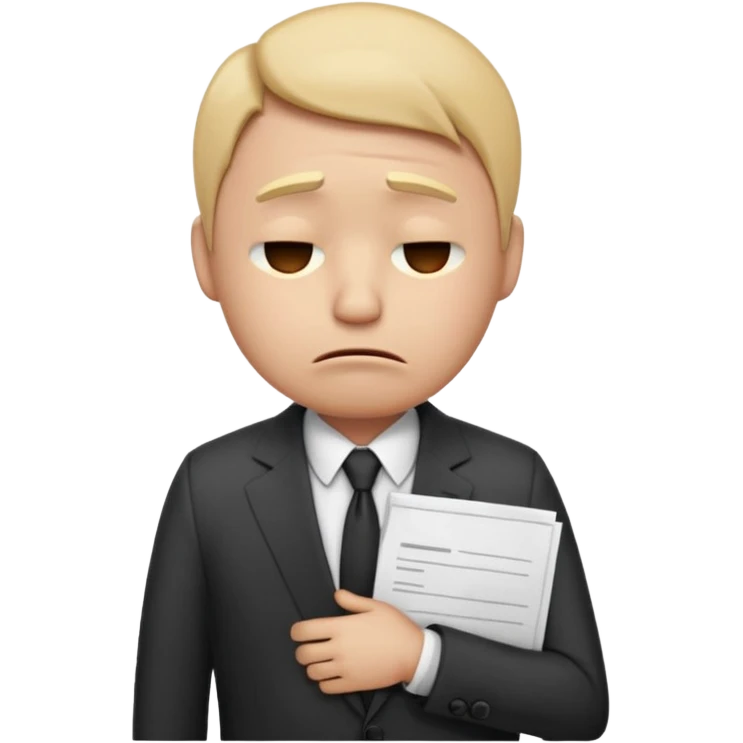 unisex emoji character wearing a suit. face has a very sad crying, disappointed expression with drooping eyebrows and half-closed eyes. posture is dejected, with slumped shoulders just rejected from his interview to get a job, holding cv. emoji