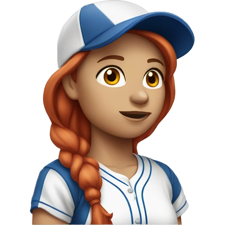 front facing, standing female coach with long red hair, wearing a white t-shirt and a simple blue baseball hat emoji