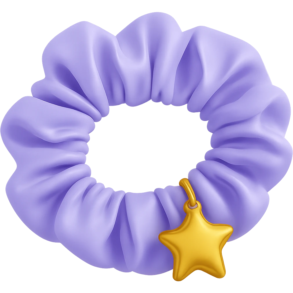 Change the gold heart charm to a gold star charm on the pastel purple silky scrunchie, keep the 3D emoji style and shimmer effect. Remove the background. The style is 3D emoji style with shimmer effect. emoji