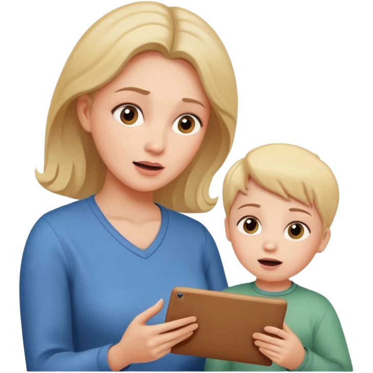 pleasanty surprised mother with child showing drawing emoji