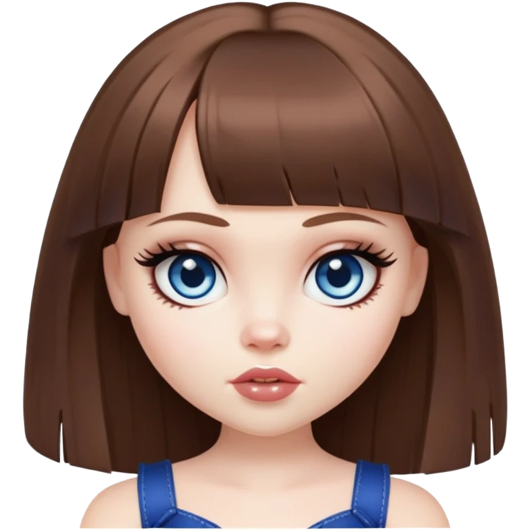 pretty bratz baddie, pale skin, bangs straight brown hair, dark blueen eyes emoji