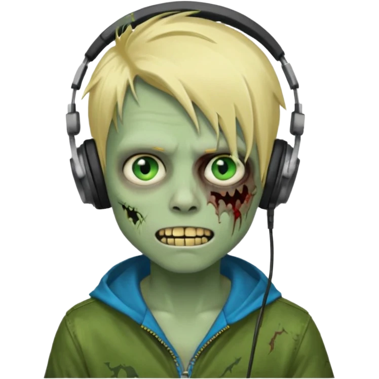 boy zombie whit blonde emo hair and eyes blue and GREEN SKIN and heandphones and a microfone and gold teeth emoji