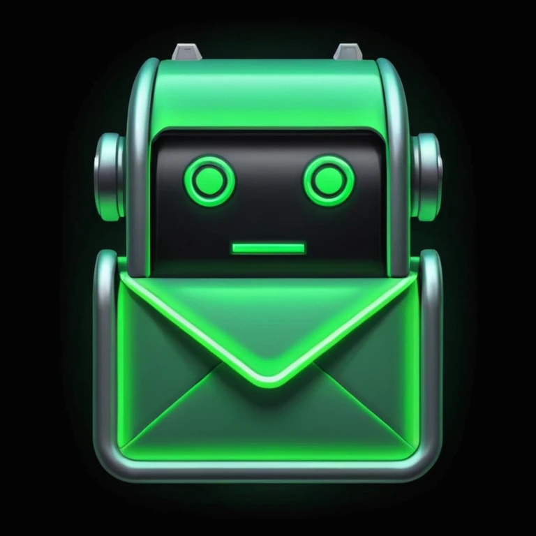 green mailbox robot icon, neon glow, black background, white envelope with code inside, centered, cyberpunk style, futuristic UI

 emoji
