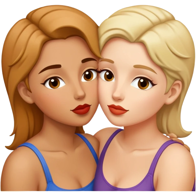 Pareja de lesbianas morena y otra blanca dandose un beso en el cahechete emoji