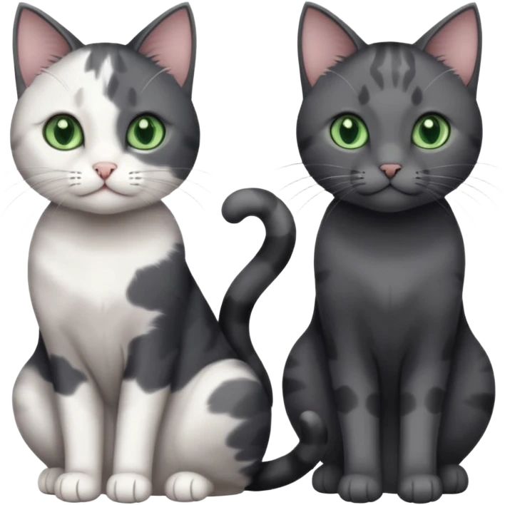3 different coloured small cats including a dark grey and white, and a patchy calico and a completely solid dark grey with green eyes and only white paws emoji