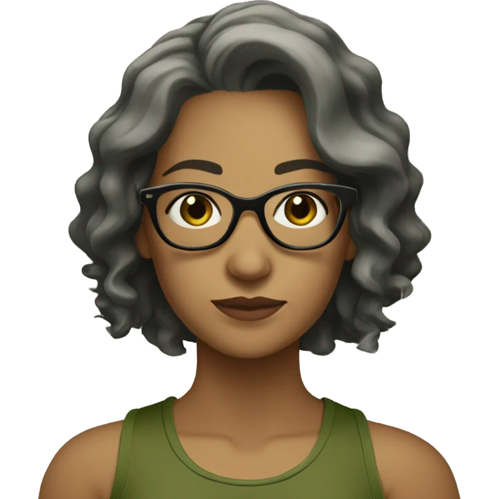 white skined woman with wavy black hair with a olive green tank top with glasses tortoise  emoji