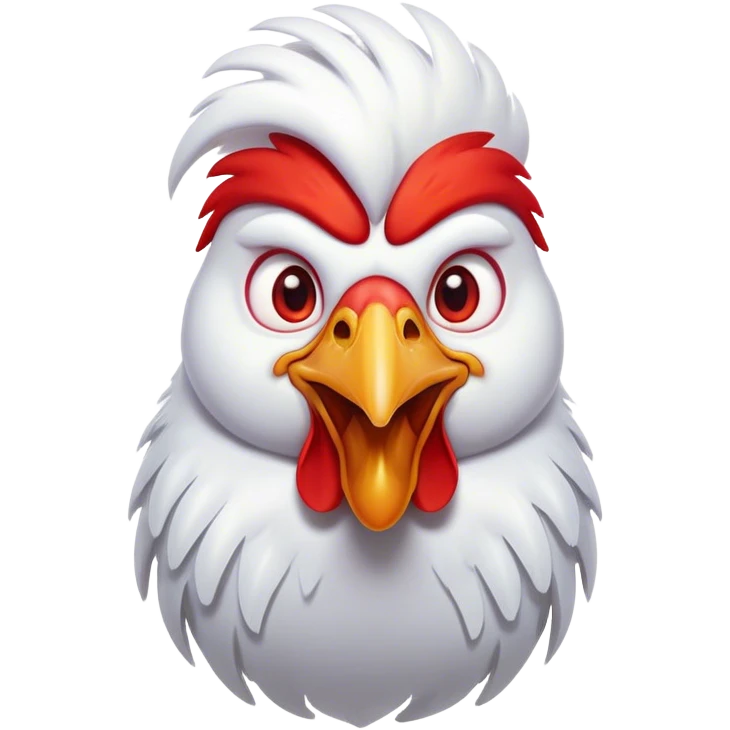 Cinematic Comical White Rooster Portrait Emoji, Head tilted dramatically with an exaggeratedly shocked or amused expression, featuring a striking pure white plumage with a bold red comb, wide, expressive eyes filled with playful disbelief, Simplified yet hilariously expressive features, highly detailed, glowing with a slightly sassy glow, high shine, dramatic yet playful, stylized with an air of cheeky mischief, bright and endearing, soft glowing outline, capturing the essence of a spirited and over-the-top rooster, so meme-worthy it feels like it could crow its way into internet fame instantly! emoji