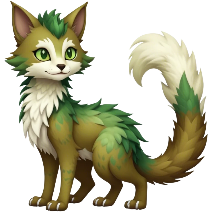 Kawaii dark cute cool brown beige white fantasy ethereal feline-vernid-sergal-fursona animal creature with a tufted tail full body with intricate markings, hazel-gold-green eyes emoji