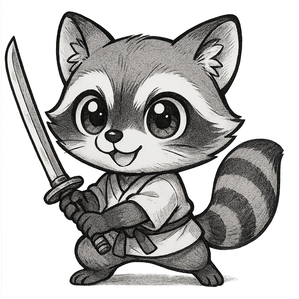 manga raccoon wielding a sword, big eyes, cute expression, chibi style emoji
