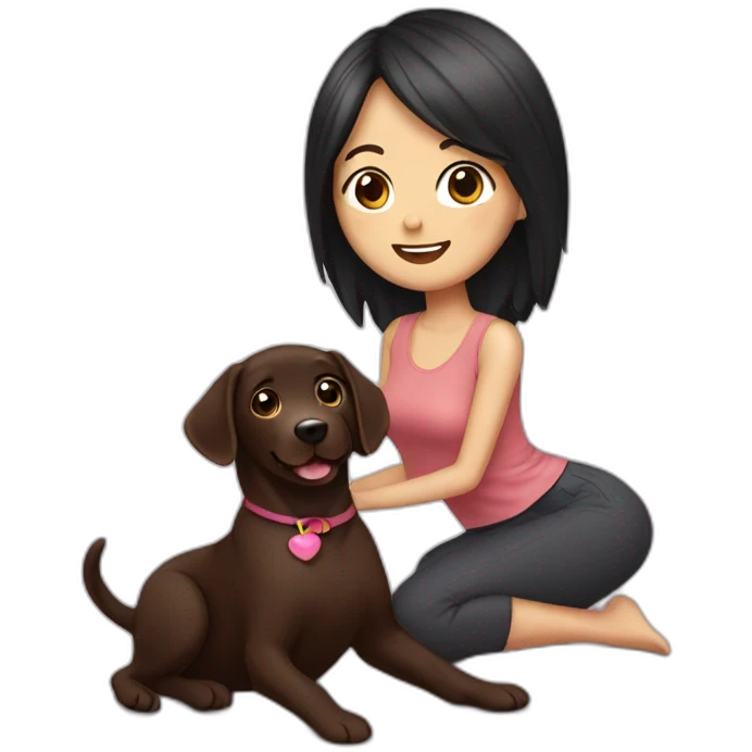 Chocolate labrador playing with woman long black hair emoji