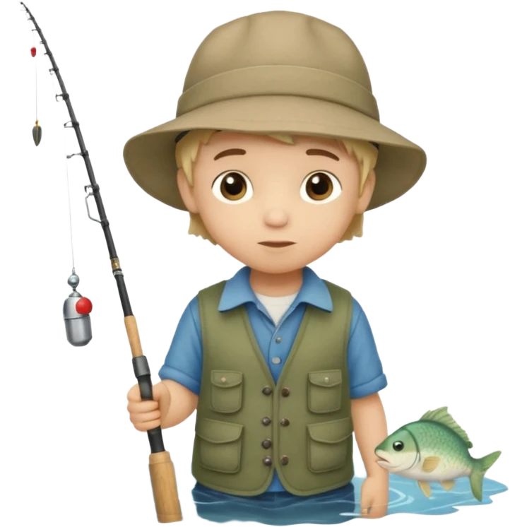 Little boy on the dock fishing, felt texture, scrapbooking, precious moments style character emoji
