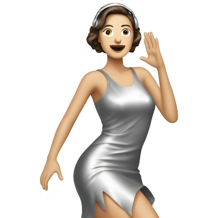 White brunette woman in a silver metallic dress dancing electronic music emoji