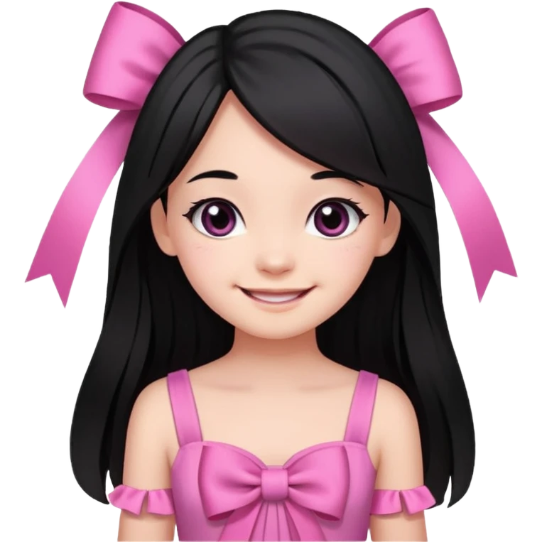 A cute girl, long black hair with 🎀, black eyes, wearing a pink dress  emoji