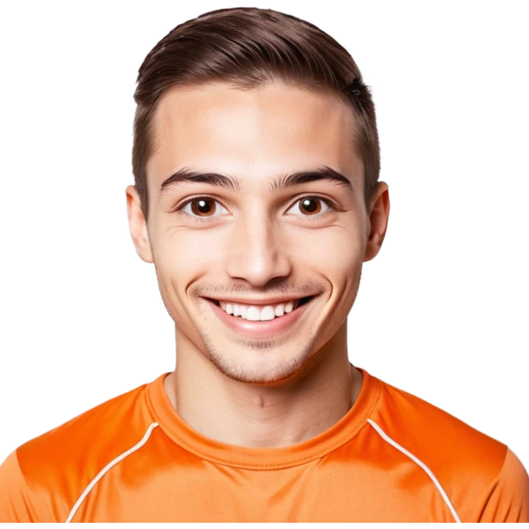 радостно удивленный мужчина по пояс в оранжевой футболке  emoji