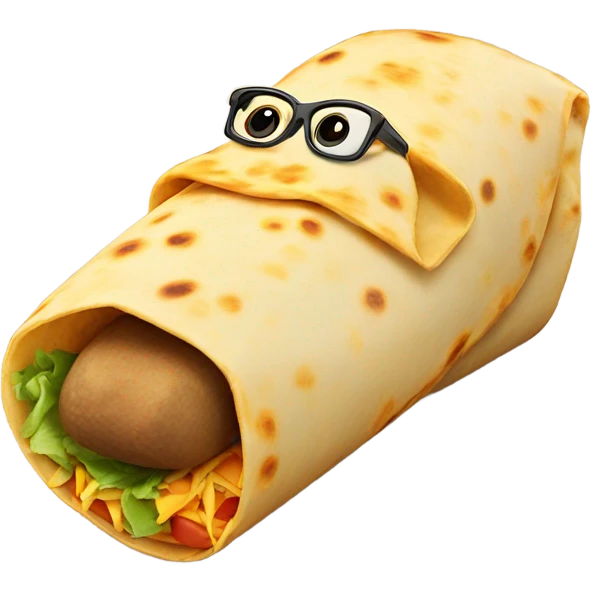 Burrito with a long nose and glasses and cheesy smile emoji