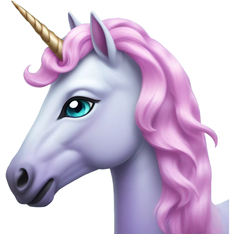 Pale lavender unicorn with bright pink hair and turquoise eyes with gemstone hooves  emoji