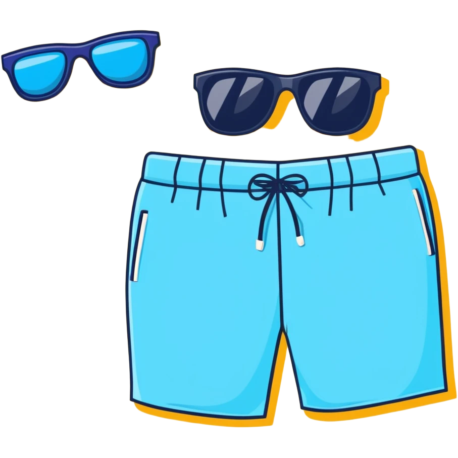 swimming board shorts and separate sunglasses on beach towel in same composition emoji