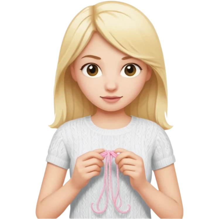 Blonde girl knitting with a white tshirt, the yarn is light pink emoji