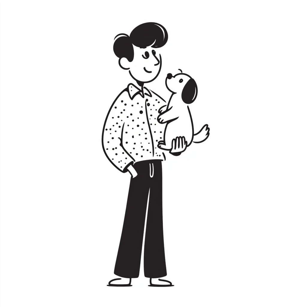 Mexican man with black hair and brown eyes wearing a shirt and black pants, holding a small white dog with one brown ear emoji