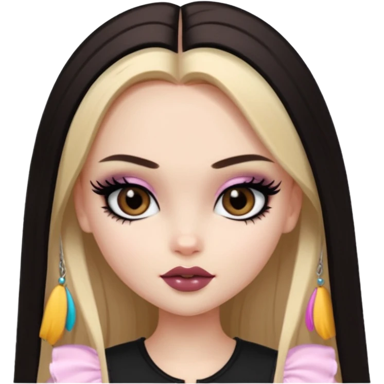 pale skin, girly bratz baddie, beautiful dark brown eyes, pretty black makeup, long dark blonde straight hair emoji