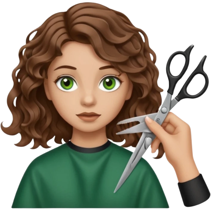 Girl with green eyes and brown wavy hair getting haircut with scissors emoji