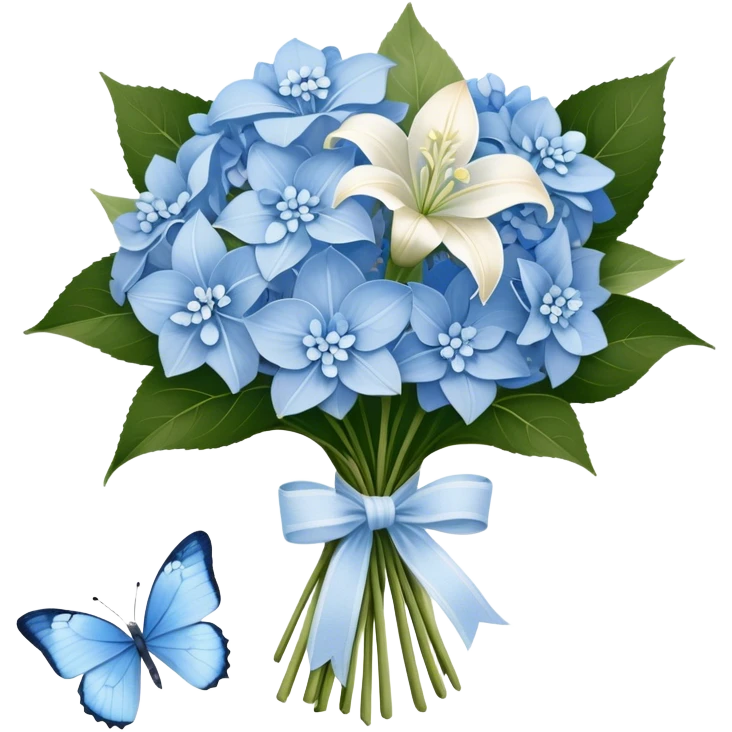 A wooden table adorned with a small bouquet of baby blue hydrangeas and creamy white lilies, wrapped in a softly frayed linen ribbon. A single blue butterfly, dusted with a hint of silver, rests lightly on the bouquet, as if drawn to its delicate fragrance. emoji