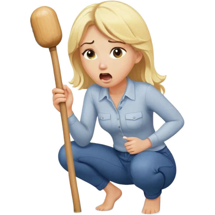 blond woman on her knees, shocked, holding a wide skin-tone stick with a D-shaped knob, the stick emerging from trousers hanging in front of her face, water squirting from the knob into her mouth emoji