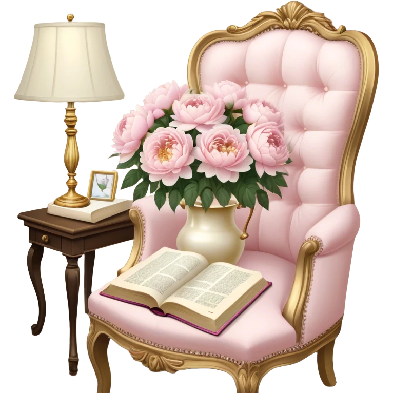 A cozy vintage-inspired reading nook, with an overstuffed ivory armchair, a golden reading lamp, and a bouquet of soft pink roses, white peonies, and dahlias resting on a small lace-covered side table, as a pearl butterfly gently rests on the open book.
 emoji