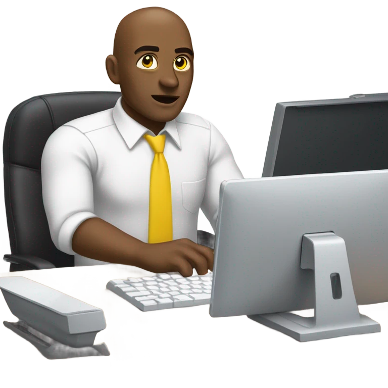 yellow skin man using white keyboard on desk wearing white button down shirt front view emoji