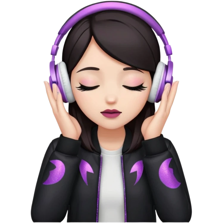 Girl with dark hair, fair skin tone, wearing a black jacket, has glitter on her eyelids, and wearing mauve lipstick, wearing white headphones, her hands are on her ears, and her eyes are close emoji