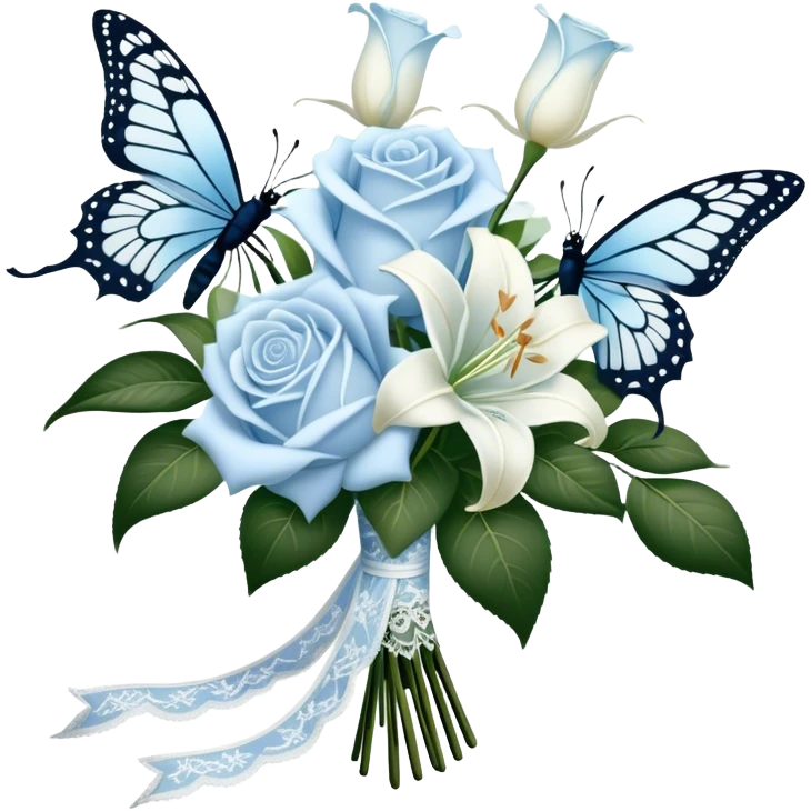 A classic bouquet of pale blue roses, delicate white lilies, and trailing jasmine, tied together with an embroidered ivory ribbon. A butterfly with lace-like wings hovers nearby, casting a soft, intricate shadow over the bouquet. emoji