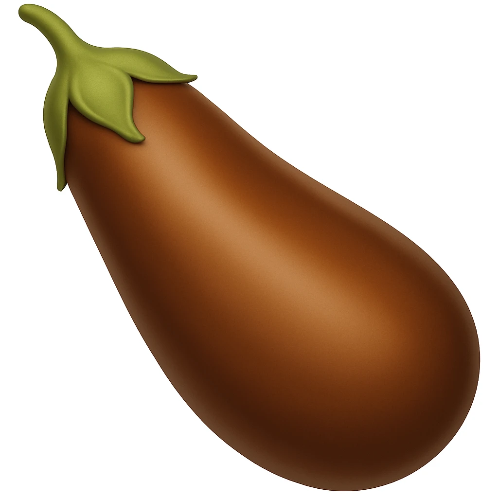 Create a brown eggplant in the style of emoji (apple style emojis). The eggplant should have a smooth, shiny surface with a brown color and a green stem, resembling the typical emoji style. emoji