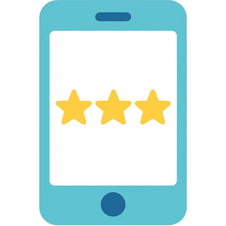 Smartphone icon, flat emoji style, outline with blue and turquoise colors, screen showing three gold/yellow stars aligned in a horizontal row, white background emoji