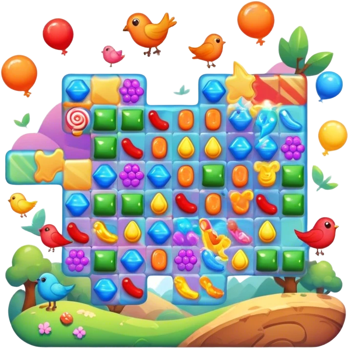An icon representing a casual game, inspired by titles like Candy Crush. The design features colorful puzzle pieces, bouncing birds, and characters running through dynamic landscapes. Vibrant HUD elements like scores and power-ups highlight the playful. Transparent background emoji