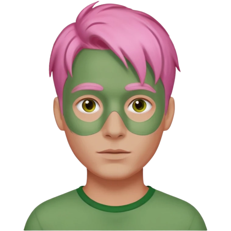 pink haired man with full full face green clay mask emoji