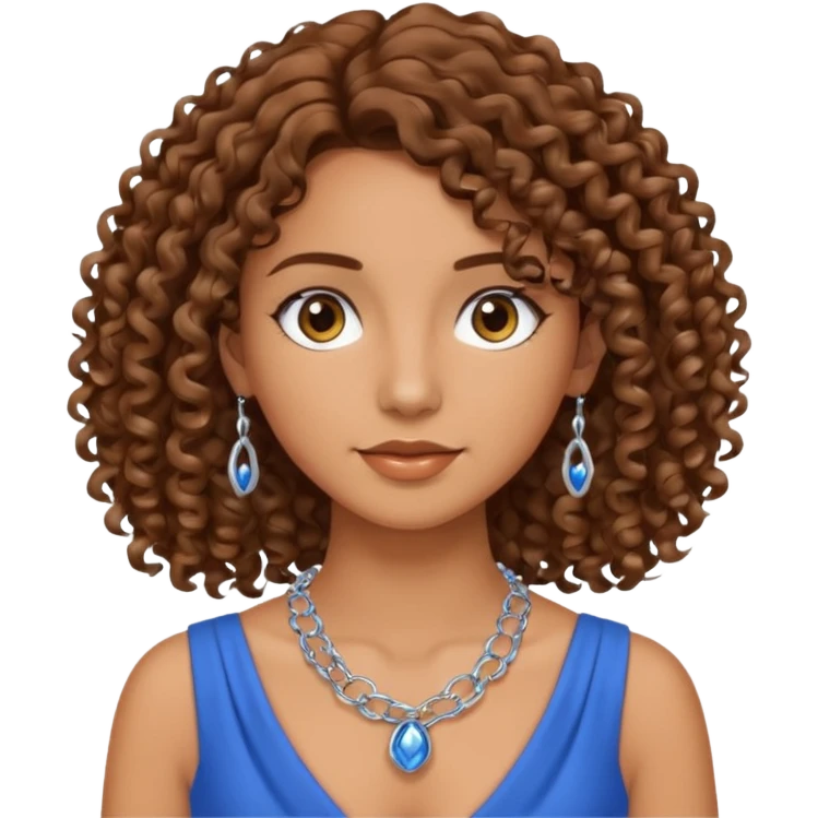 curly hair woman blue dress and chain emoji