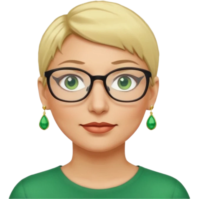femme 40 ans lunettes cheveux très courts blonde anneaux oreilles yeux verts emoji