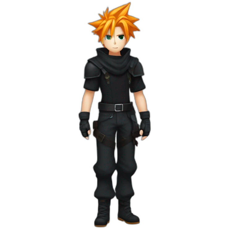 cloud strife with orange hair. Black clothes full body  emoji