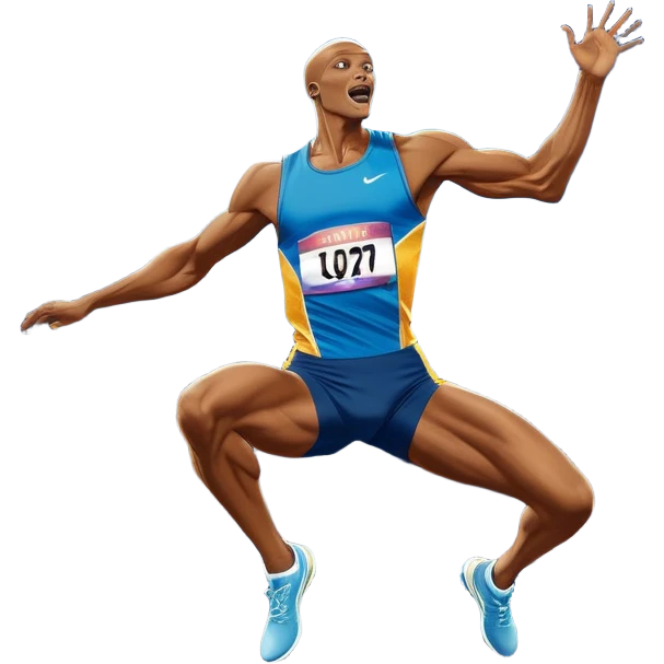 An icon showcasing  a sprinter in full speed, a high jumper soaring over the bar, a long jumper taking off, and a discus thrower in motion. The background features a vibrant stadium with cheering crowds, bright lights, and a clear sky.  emoji
