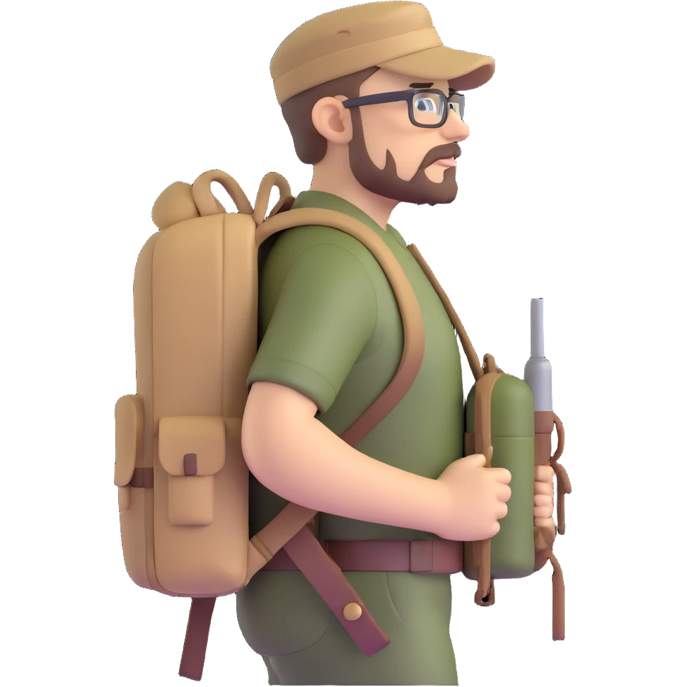 adventurer with goatee beard (no beard on cheeks), short hair, glasses, backwards military tan cap and backpack emoji