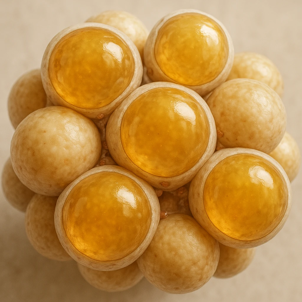 adipocytes with visible lipid droplets, hyper realistic 4K style, microscopic details, neutral background emoji