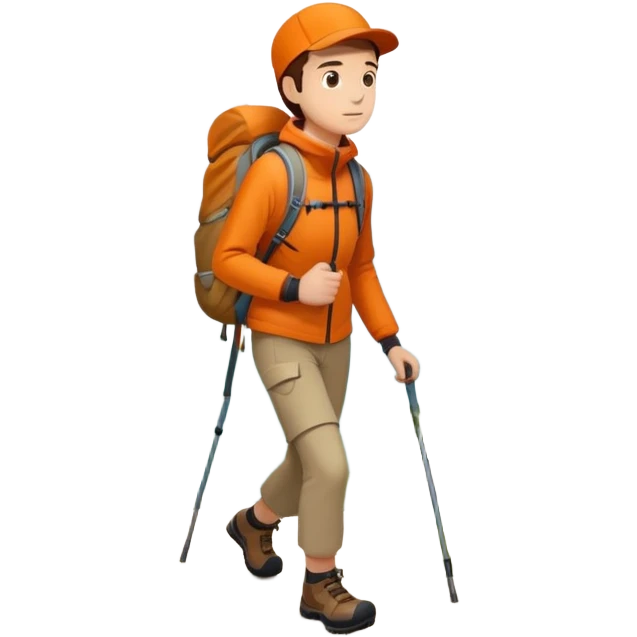 Hiker in orange jacket with backpack climbing mountain trail, minimalist design emoji