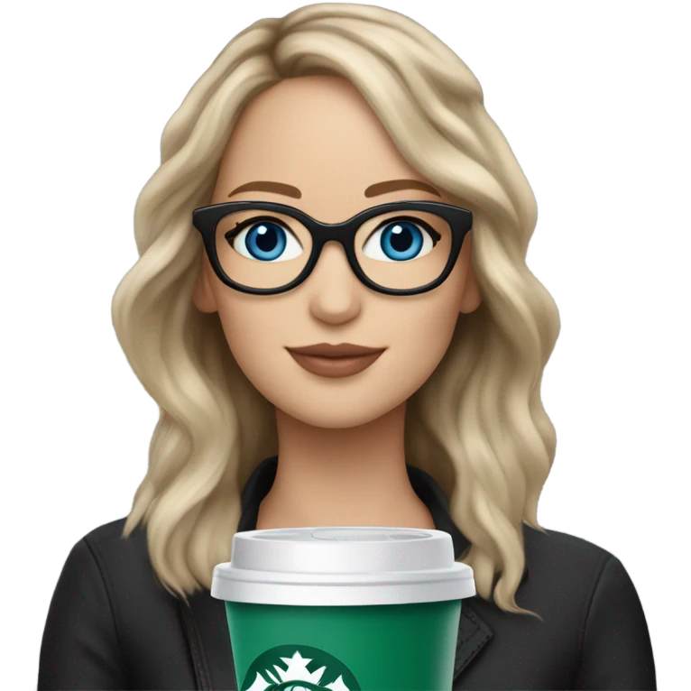 Photo of Brunette Jennifer Lawrence wearing black glasses and blue eyes drinking Starbucks  emoji
