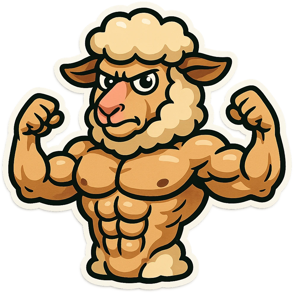 Create a buff sheep with visible 6 pack abs in a cartoonish sticker style. The style should resemble cartoonish stickers with bold outlines and vibrant colors. emoji