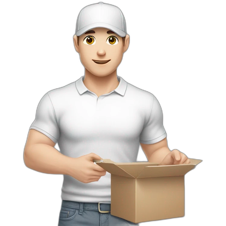 Pale skinned fit Man with dark brown hair in a white cap, gray jeans and gray polo T-shirt keeping a pasted with tape box into his hands emoji